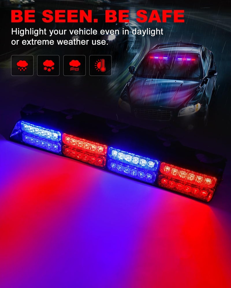 HLauto 6Z4J Emergency Dash Strobe Lights: 2x16.8 inch Red Blue Safety Lights, 48 LED Flashing Warning Hazard Interior Windshield Visor Traffic Light Bar for Trucks, Construction Vehicles - Image 3